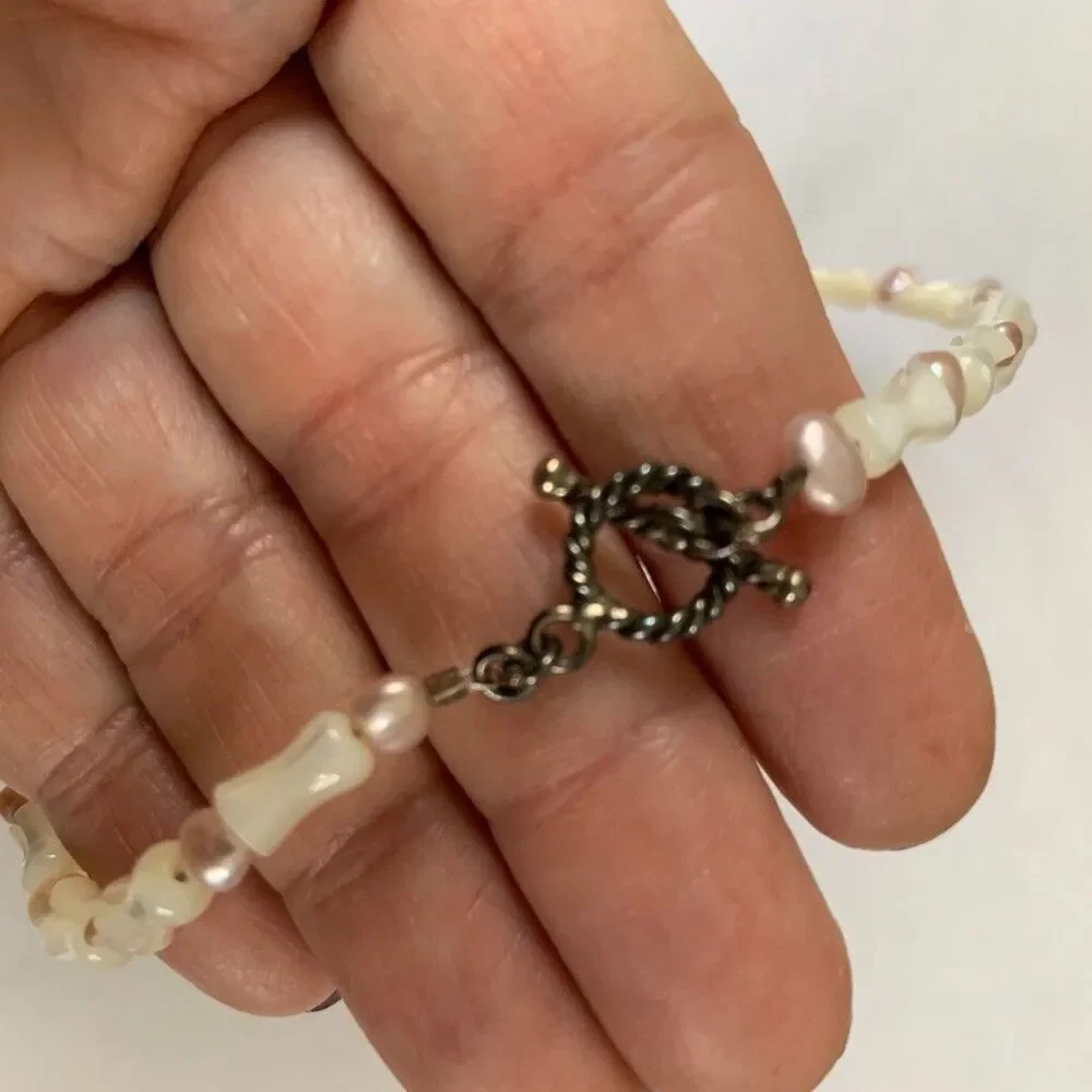 Vintage Artisan Mother of Pearl Leaf Necklace Beaded Toggle Clasp Retro White